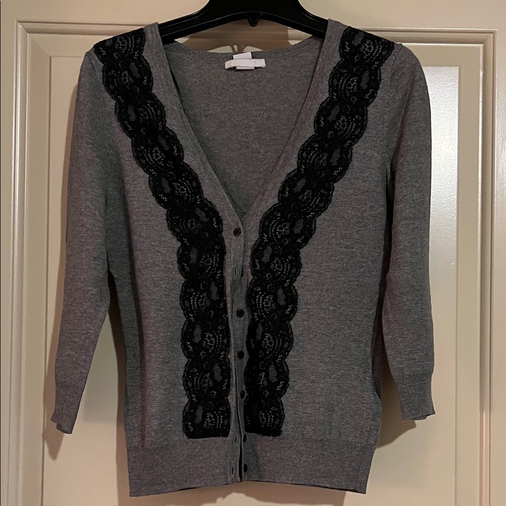 H&M Gray Cardigan with Black Lace Trim